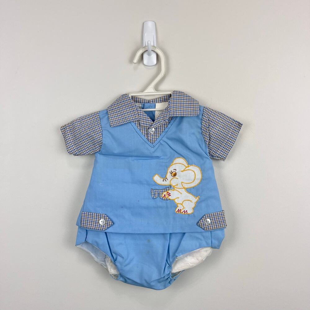Vintage Mayfair Kids Blue Elephant Diaper Shirt Set Newborn